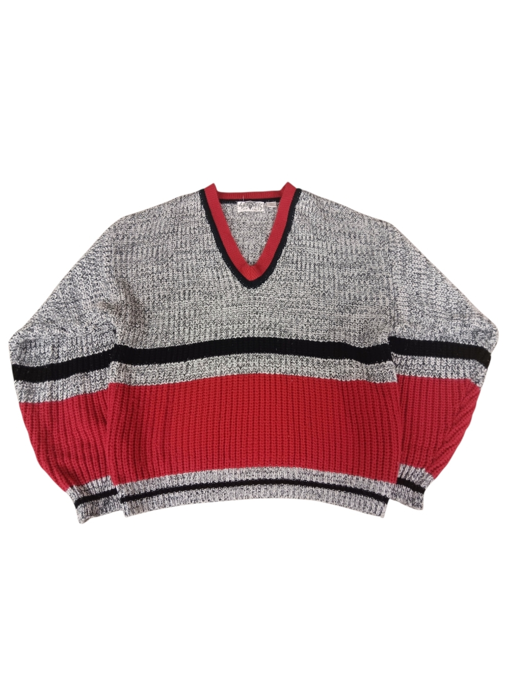 Saturdays Men's V-Neck Striped Knit Sweater - Red, Black & Gray - XL